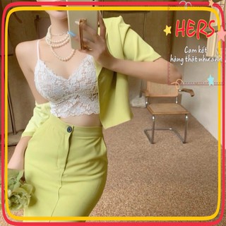 [Order] Set 3 món áo khoác ngắn tay phối chân váy midi và áo ren 2 dây san chảnh
