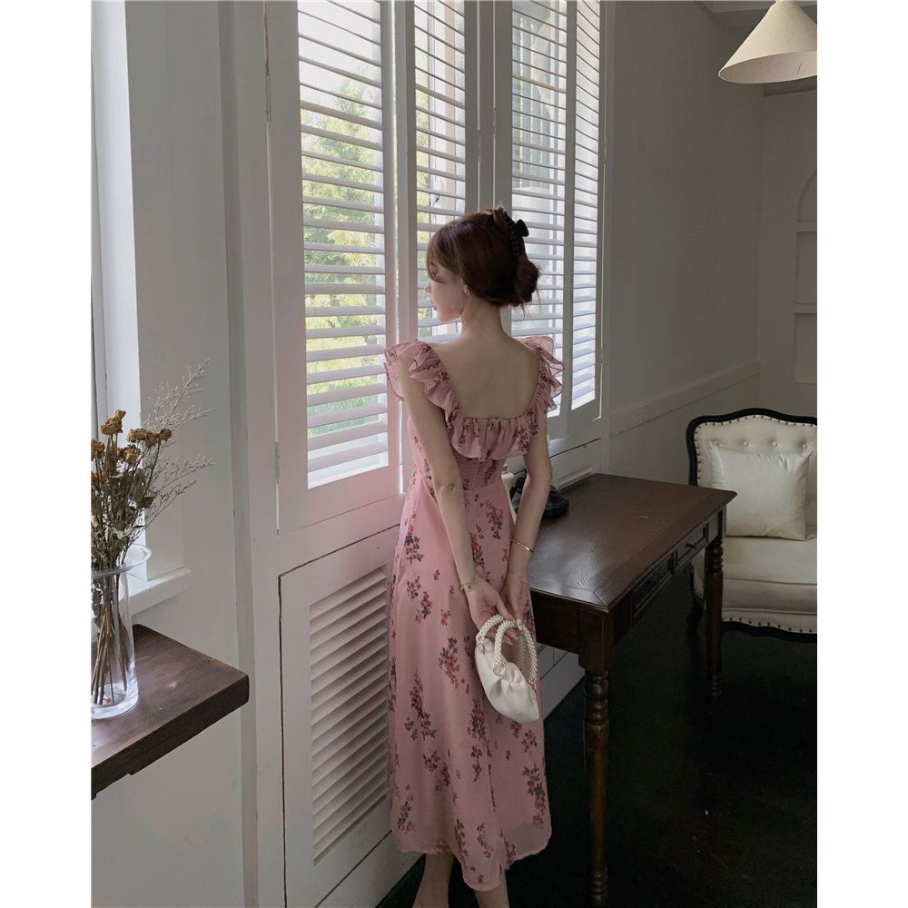 Jiashucheng Đầm Hoa Cổ Vuông Dáng Dài Thời Trang Mùa Hè Pháp Quý Phái Dành Cho Nữ