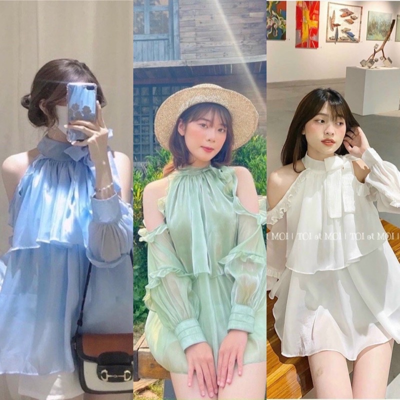 sẵn SET ÁO XANH VOAN TƠ CỔ YẾM NƠ RỚT TAY + SHORT TRẮNG