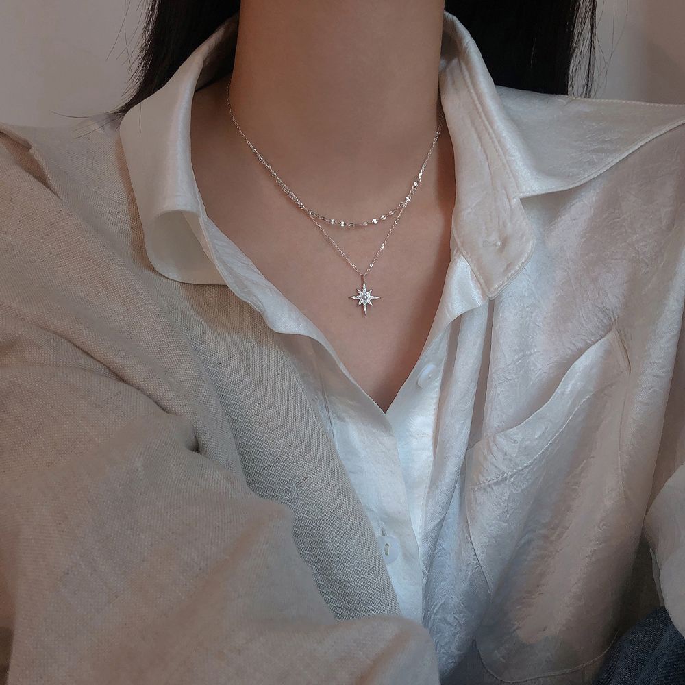 Vòng cổ hai lớp đính đá zircon hình ngôi sao phong cách cổ điển Hàn Quốc cho nữ