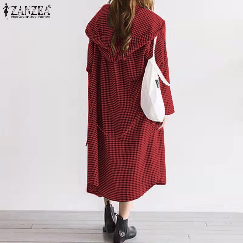 Đầm midi ZANZEA dáng rộng họa tiết kẻ caro cổ mép lật tay dài phong cách Hàn Quốc dành cho nữ