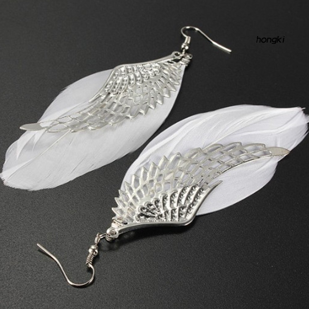 Hoa tai dáng dài mặt hình cánh thiên thần phối lông vũ thời trang dành cho nữ