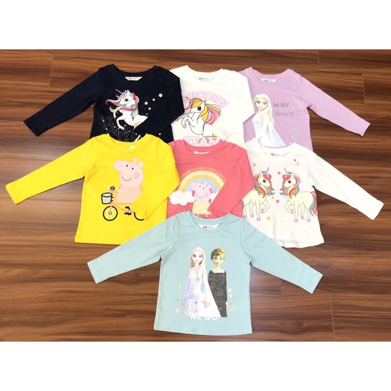 Áo dài tay bé gái in hình elsa, pony, peppa chất cotton xuất dư mềm mịn 9-32kg- Áo thun cotton thu đông bé gái