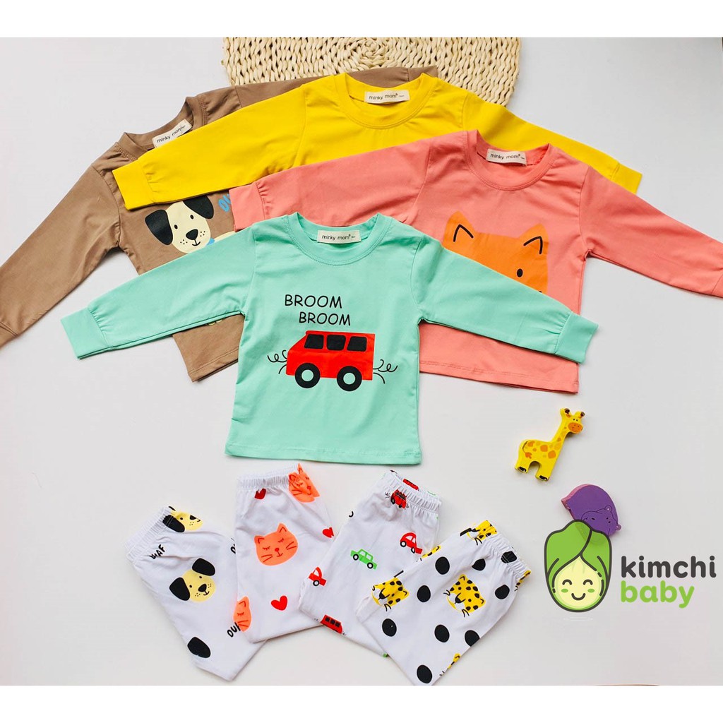 Bộ Dài Tay Cotton 100% Minky Mom Họa Tiết Phối Quần Dễ Thương Chính Hãng Túi Zip Cho Bé Trai Bé Gái MKM26