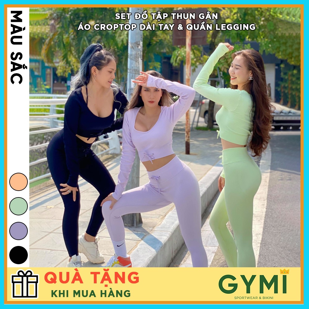 Set bộ đồ tập gym yoga nữ dài tay GYMI SET25 gồm áo croptop dài tay và quần legging chun mông chất dệt cao cấp