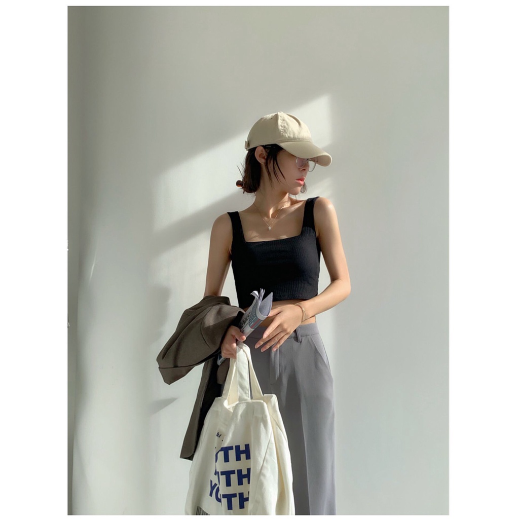 Áo croptop 2 dây quai to cổ vuông ICOTTON vải 100% cotton, áo thun dáng lửng ôm body 2 lớp