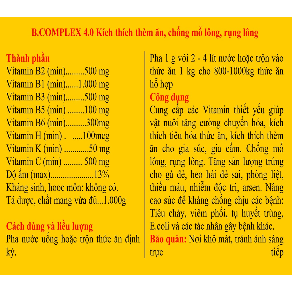 1 gói B.COMPLEX 4.0   200g Kích thích thèm ăn cho gia súc, gia cầm, chó, mèo, chim cảnh