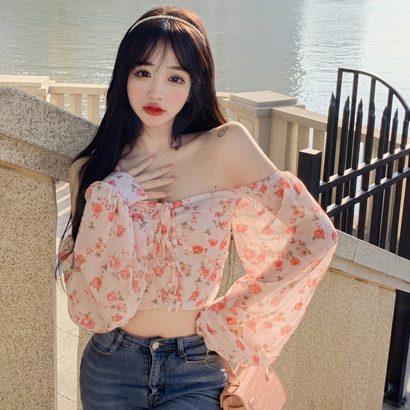 Áo Crop Top Vải Voan Tay Dài Phồng Trễ Vai In Hoa Kiểu Retro Hàn Quốc Xinh Xắn Cho Nữ