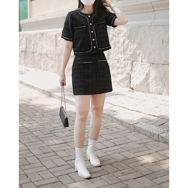 Set suit vải tweed đen chân váy và áo tay ngắn RUCHAN