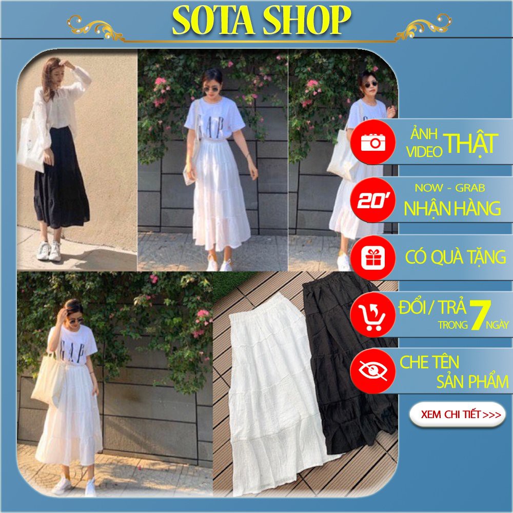 Chân váy dài Ulzzang thời trang Hàn Quốc - Chân váy tầng xòe tiểu thư 2 màu đen trắng -Váy Voan Xịn Sota shop