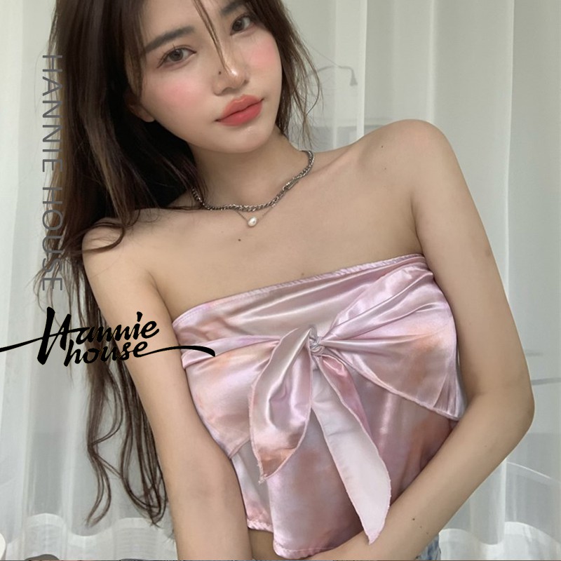 Áo croptop chất vải satin in họa tiết thời trang cho nữ