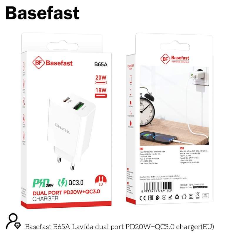 Củ sạc nhanh 2 cổng USB Và Type-C QC 3.0 PD20W Basefast B65A - TRẮNG Sạc Nhanh Và Tiện Lợi Cho Mọi Máy