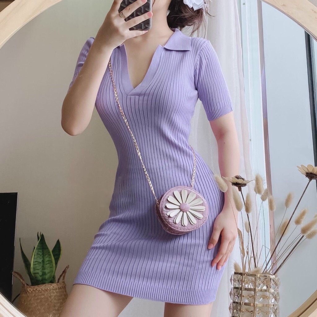 Đầm Ôm Body Tay Ngắn Cổ Sơ Mi Thun Gân Thời Trang Nữ Sam Closet Free Size 40-55kg