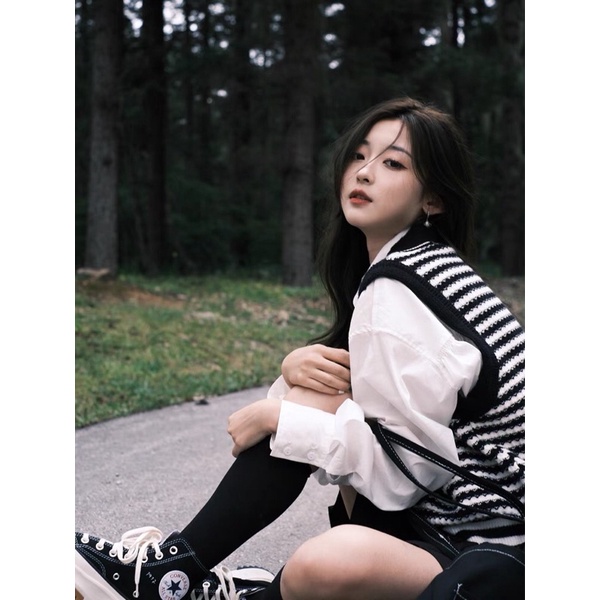 Áo gile len nữ kẻ Hàn Quốc họa tiết vintage kiểu độc, lạ – (TTA11)
