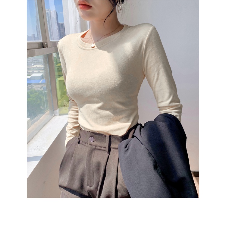 Áo Thun Lông Nhung Tay Dài Cổ Tròn Màu Trơn Phong Cách Thời Trang Mùa Thu Mới Cho Nữ