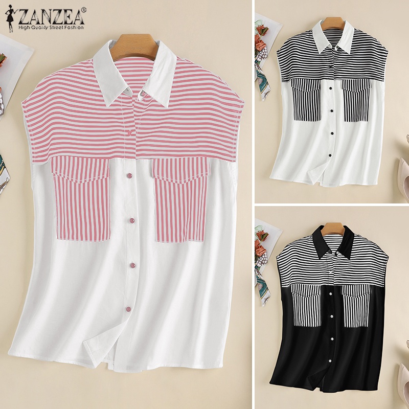 Zanzea Áo Sơ Mi Tay Dài Kẻ Sọc Có Túi Trước Thời Trang Cho Nữ