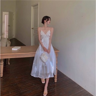 Váy 2 dây hai dây trắng maxi dáng dài xoè
