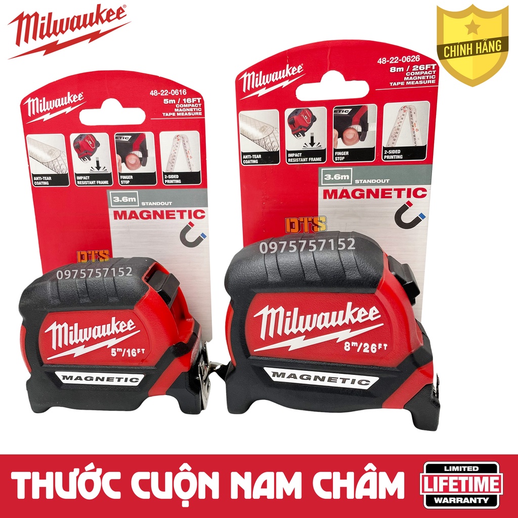 Thước kéo có nam châm Milwaukee Mỹ, thước cuộn thép 2 mặt nền trắng công nghiệp độ chính xác tuyệt đối, chống va đập