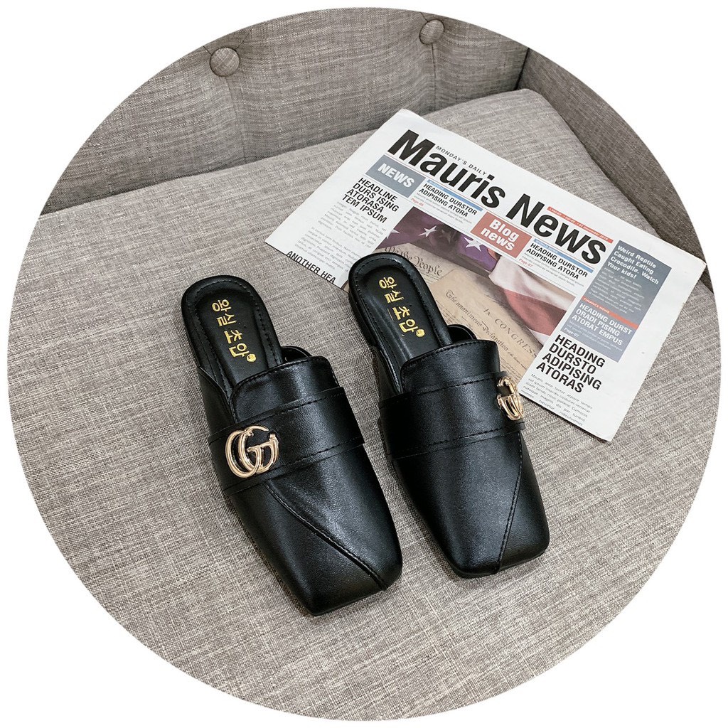 Giày sục nữ mũi vuông GS03 da xịn viền chéo NY sang chảnh lạ mắt, giày nữ đế bằng mẫu hot 2021