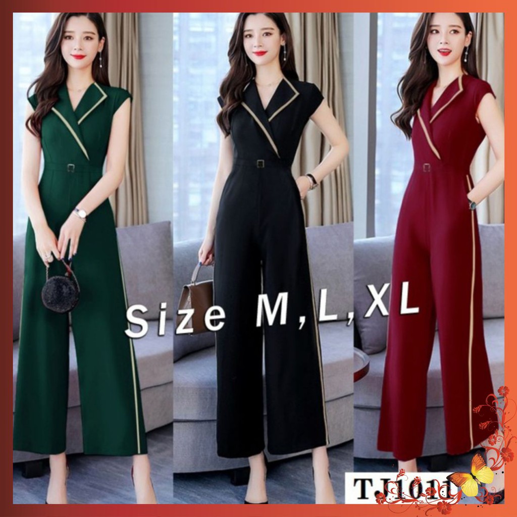 Bộ Jum 💥FREESHIP💥 Jum dài ống suông cổ vest phối viền be kèm belt như hình TJ1011