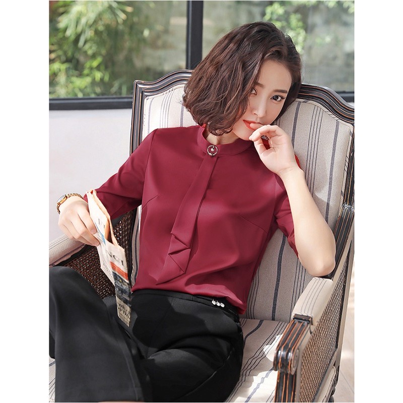 áo sơ mi nữ cổ trụ tay ngắn phối kiểu size S M L XL