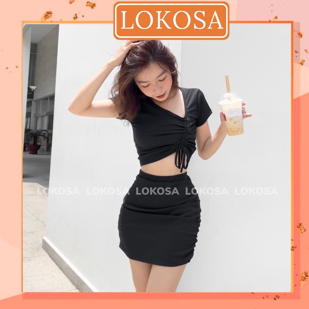 Set Croptop LOKOSA Bộ 2 Món Áo Croptop Nữ Tay Ngắn Rút Dây Chân Váy Chữ A Nhún Ôm Ngắn Body VD084 | BigBuy360 - bigbuy360.vn