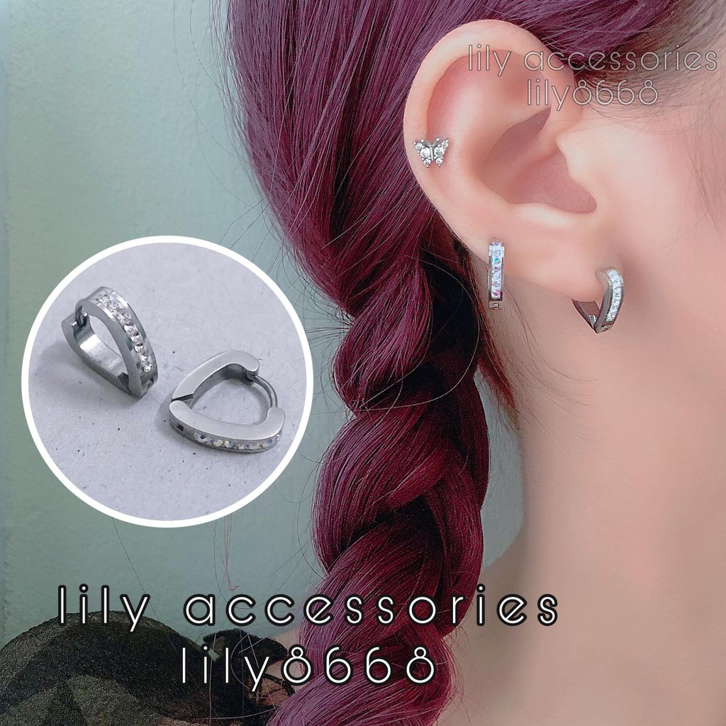 khuyên tai titan trái tim đá không gỉ không đen không dị ứng nam nữ unisex