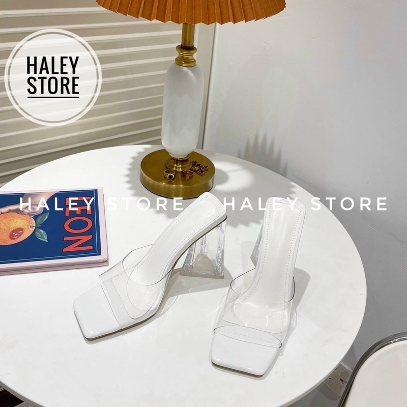 Giày guốc cao gót tam giác trong suốt HALEY STORE quai ngang khuyết mũi vuông thời trang mới nhiều màu rẻ bền đẹp