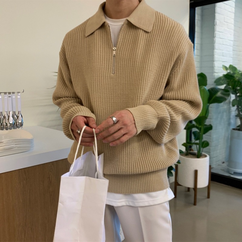 Áo Sweater Cổ Polo Dáng Rộng Dày Dặn Phối Khóa Kéo Cá Tính Kiểu Retro Nhật Bản Cho Nam