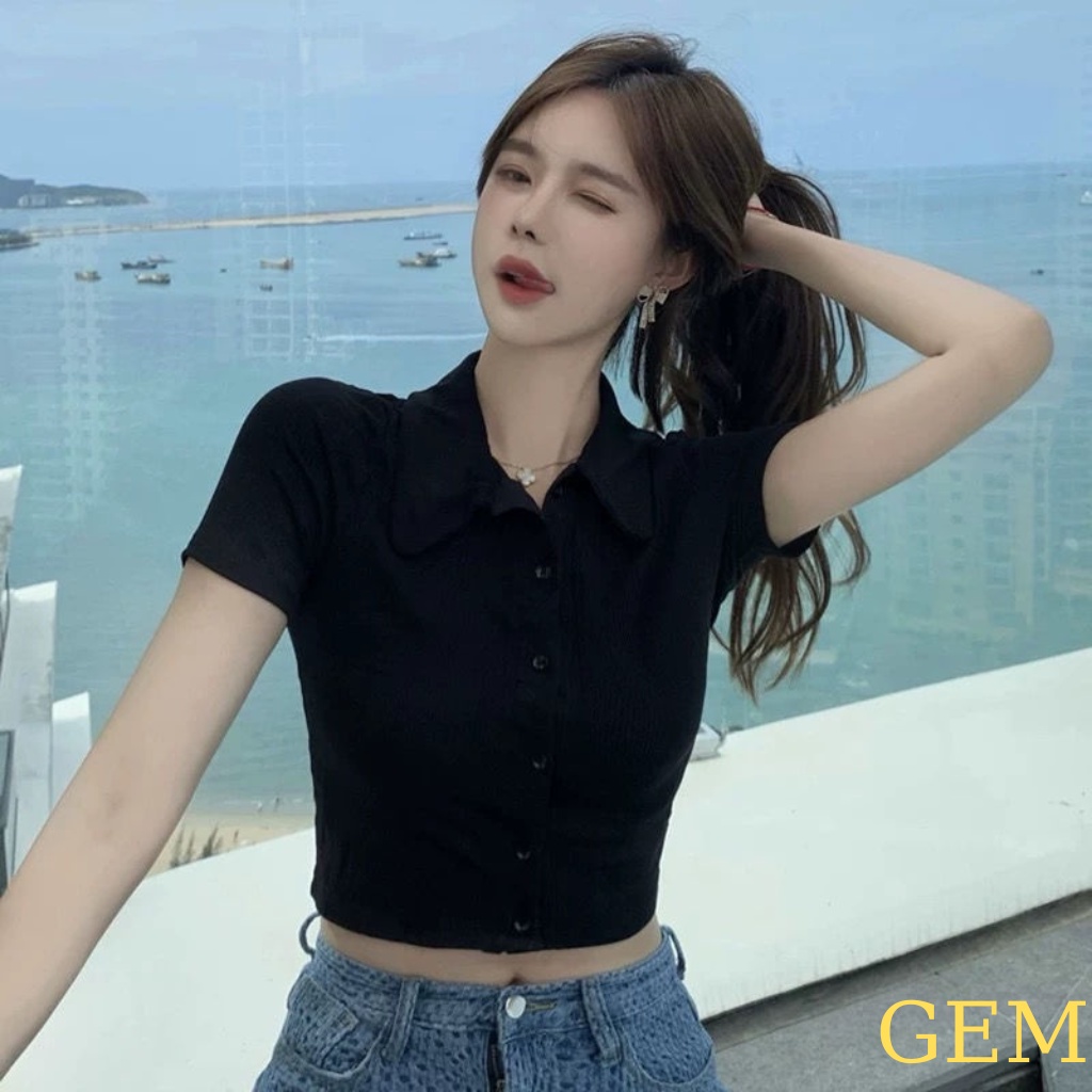 Áo croptop tay ngắn cổ Polo phong cách Hàn Quốc , áo thun nữ cộc tay 6 nút cổ bẻ