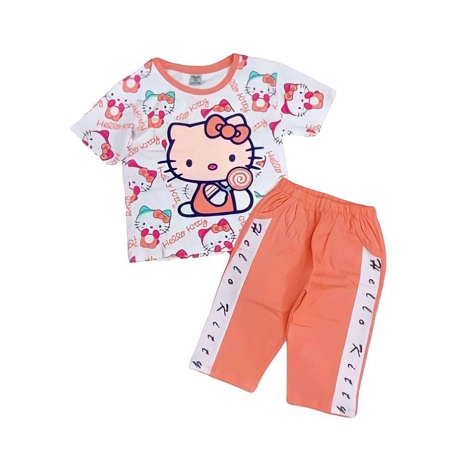 Bộ thun quần lửng kitty mặc nhà hay đi học cho bé gái