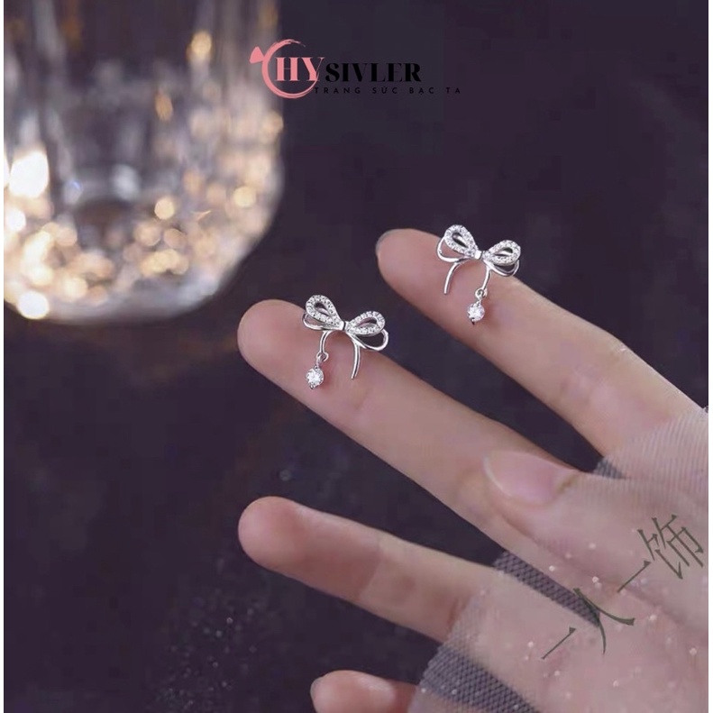Bông tai bạc ta nơ kép nạm đá đính đá rơi nữ tính sang chảnh bông tai nữ bạc thật