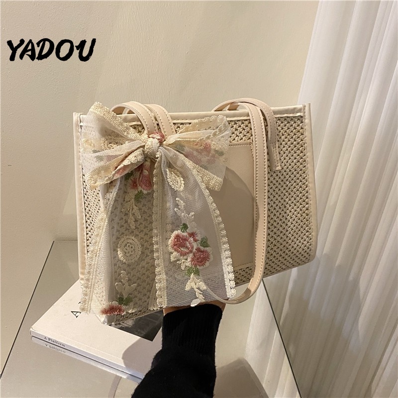 Túi xách Yadou đeo vai đan cói phối nơ ren phong cách cá tính