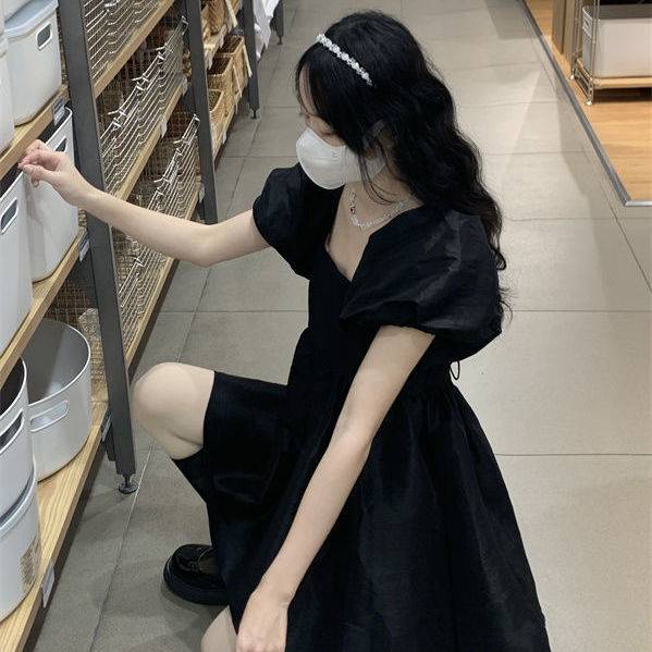 Váy babydoll Đầm Đen váy xinh váy tiểu thư Tay Phồng Cổ Vuông Phong Cách Pháp Thời Trang Mùa Hè Xinh Xắn Cho Nữ