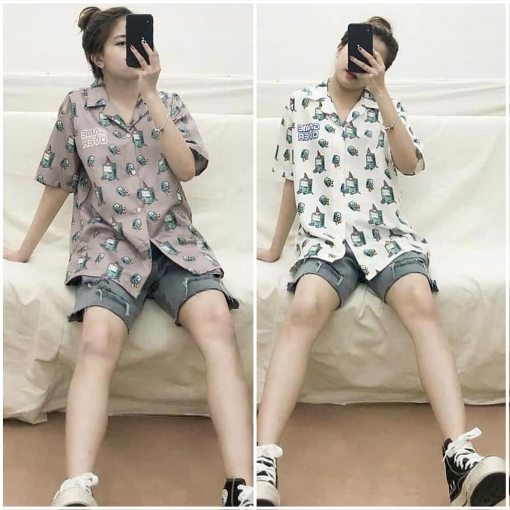 Áo SƠ MI NỮ form rộng in 3D cổ bẻ tay ngắn - lỡ dáng ulzzang freesize unisex mặc cặp, nhóm, in chữ GAME OVER BMO