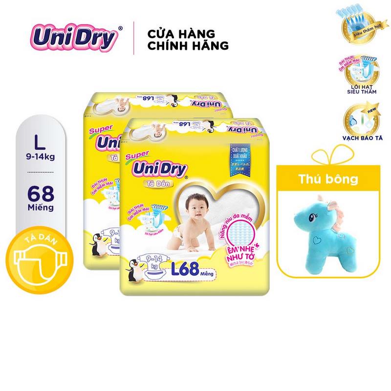 (Tặng 1 thú bông cho bé) Combo 2 Tã Dán Unidry Gói Super Jumbo Size M76-L68-XL62