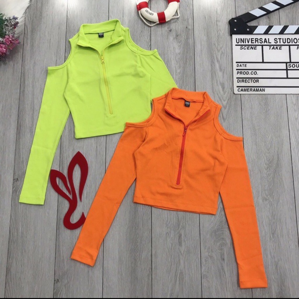 Áo Croptop Hở Vai Tay Dài Áo Crt Khoét Hở Vai Thun Gân Dài Tay Có Dây Kéo Hàn Quốc Sexy Ôm Body Đen Trắng Cam Xanh Vàng | BigBuy360 - bigbuy360.vn