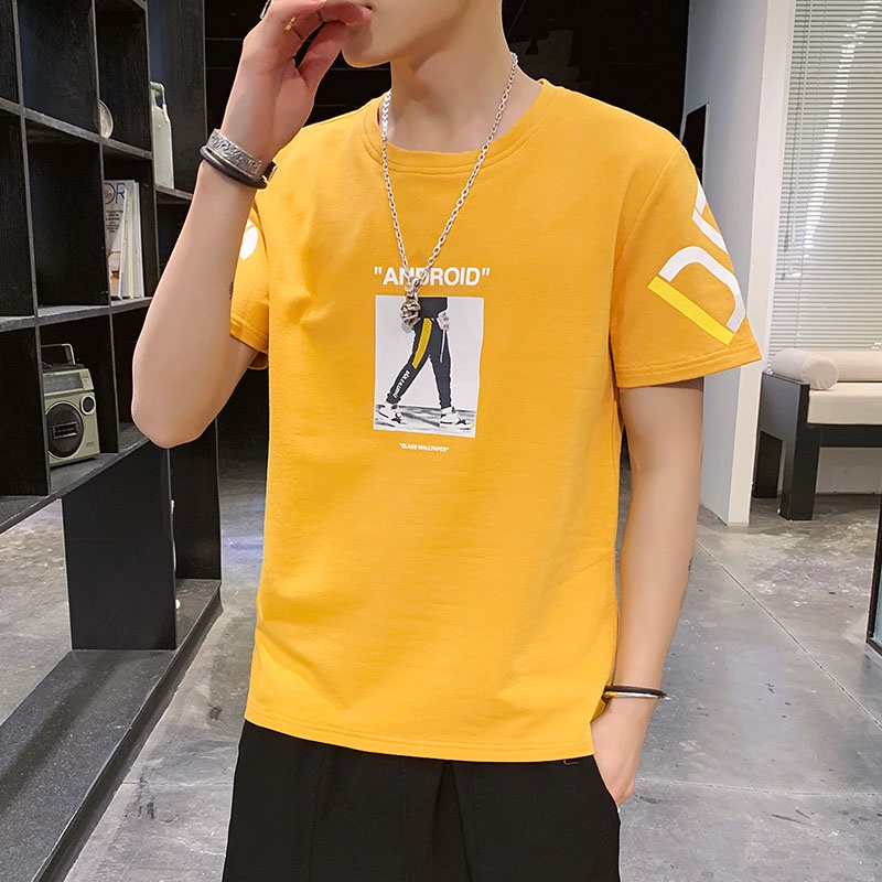 Áo Thun 100% Cotton Tay Ngắn Dáng Rộng Cổ Tròn In Hoạ Tiết Đơn Giản Trẻ Trung Cho Nam Giới