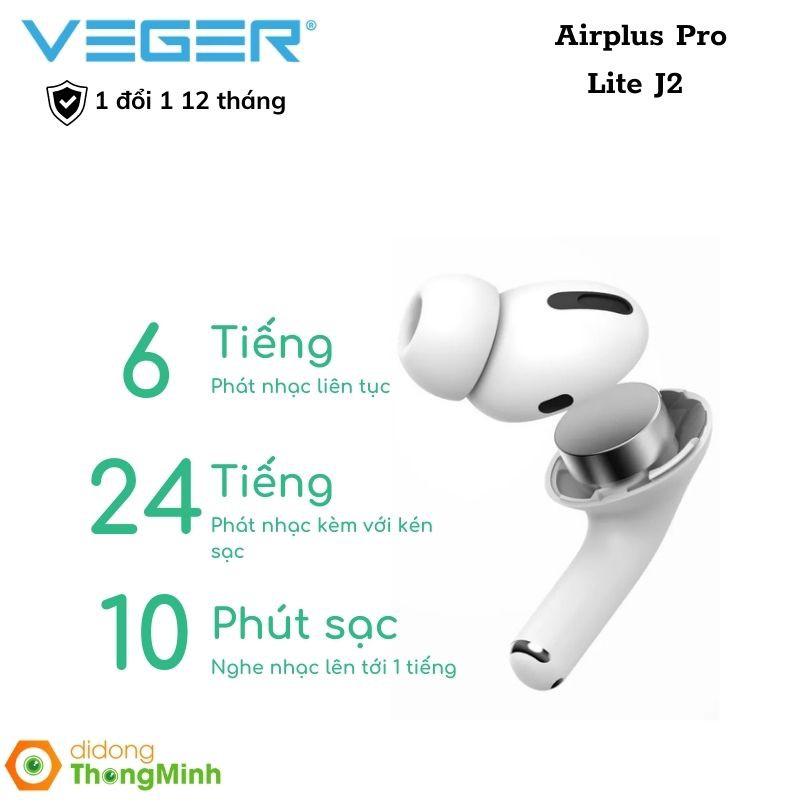 Veger Airplus Pro Lite - Tai Nghe True Wireless - HIFI AUDIO CỰC HAY- PIN 6 Tiếng- 1 ĐỔI 1 18 Tháng Chính Hãng