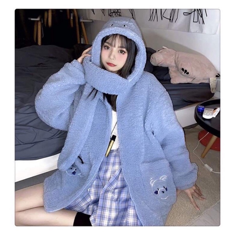 Áo Khoác Lông Gấu Nữ Túi Mũ Khăn Xanh Trắng Dáng Rộng | BigBuy360 - bigbuy360.vn