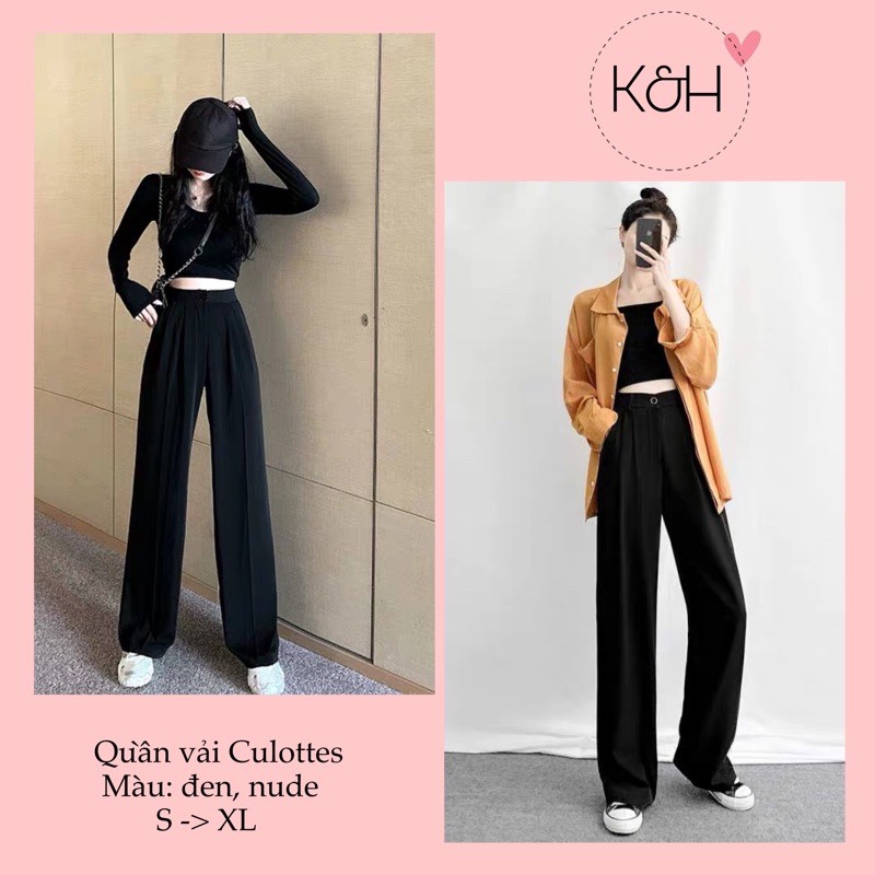 Quần ống rộng lưng cao khuy giữa KH76, quần culottes ống xuông cạp cao cho nữ