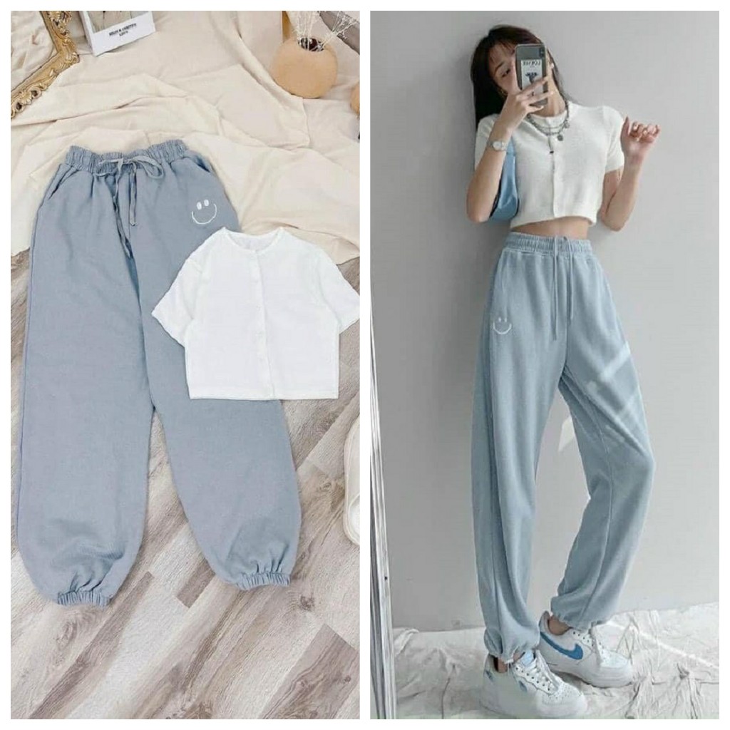 Set áo croptop cài cúc tay ngắn và quần jogger buộc dây mặt cười - VIETCEN