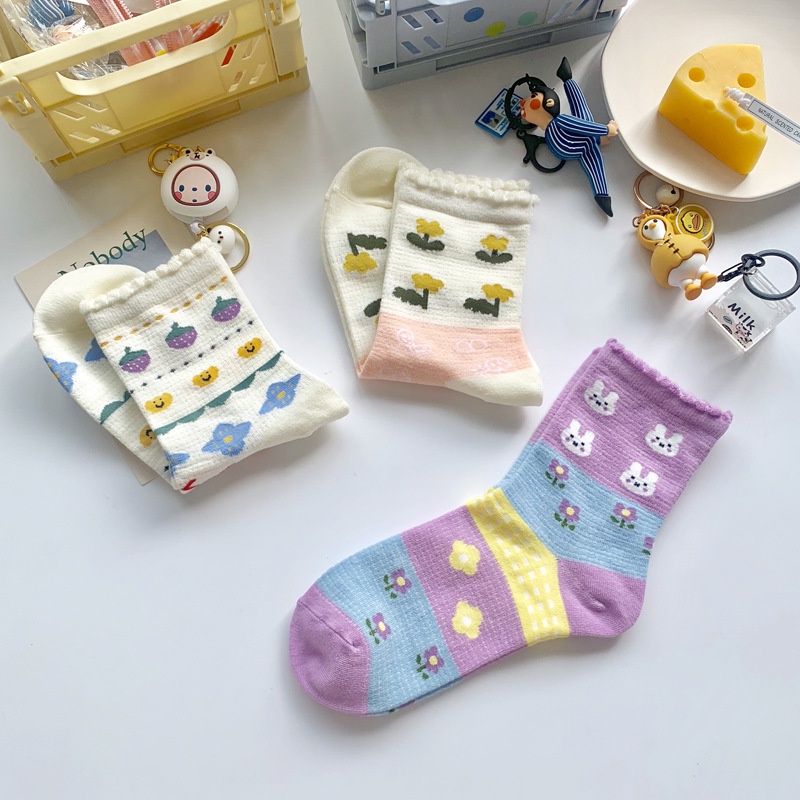 Tất vớ cotton cổ cao nữ họa tiết Hoa phong cách Hàn Quốc - SONO102