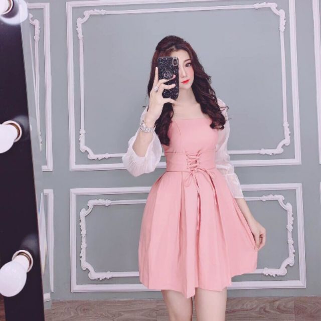 ĐẦM XÒE PHỐI TAY LƯỚI THẮT DÂY EO