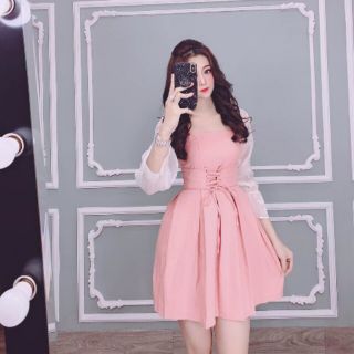 ĐẦM XÒE PHỐI TAY LƯỚI THẮT DÂY EO