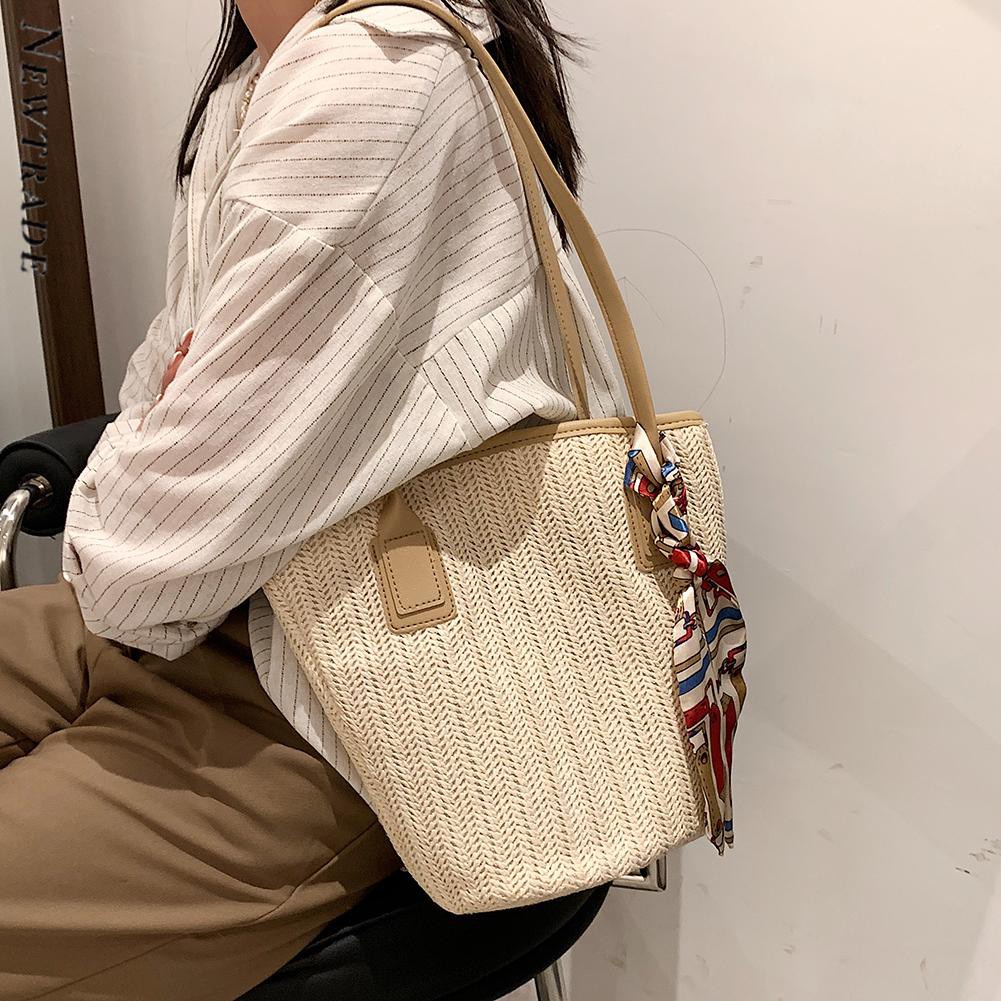 Women Summer Woven Silk Scarf Bucket Shoulder Bag Large Handbags