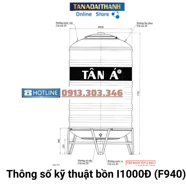 Bồn Nước Inox Tân Á 8 Cao cấp Đứng 1000L (F940), bảo hành 15 năm, Tân Á Đại Thành online