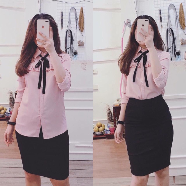 Áo Sơ mi nữ nơ viền bèo + Hình thật