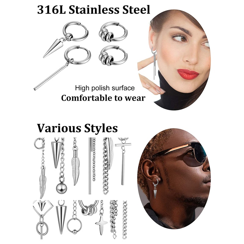Set 20 Khuyên Tai Tròn Bản Lề Màu Bạc / Đen Thiết Kế Đơn Giản Cho Nam Và Nữ