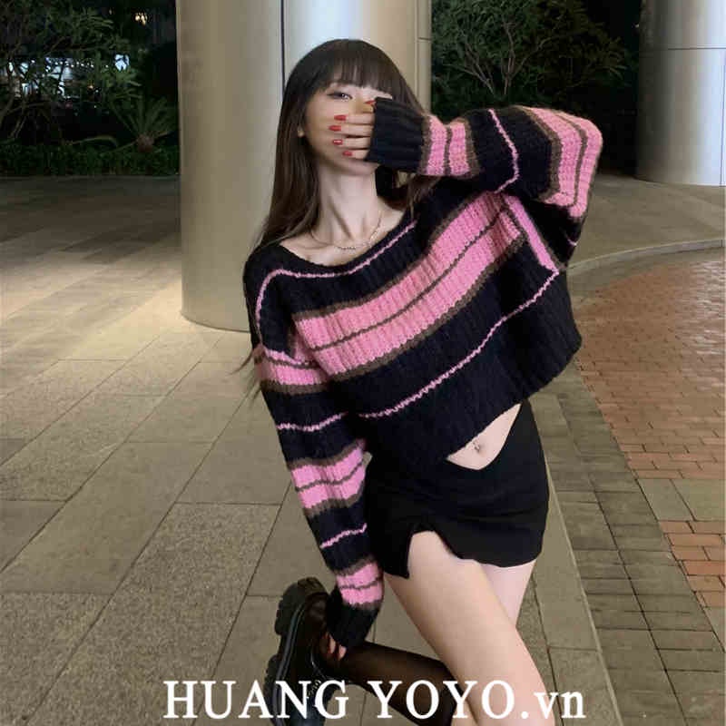 Áo Thun Tay Dài Cổ Tròn Họa Tiết Sọc Ngang Thời Trang Hàn Quốc Cho Nữ